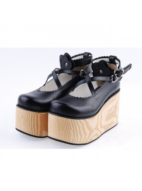 Black 3.9" High Heel Lovely Patent Leather Cross Straps Flower Decoration Platform Girls Lolita Shoes