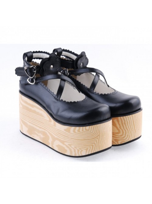 Black 3.9" High Heel Lovely Patent Leather Cross Straps Flower Decoration Platform Girls Lolita Shoes