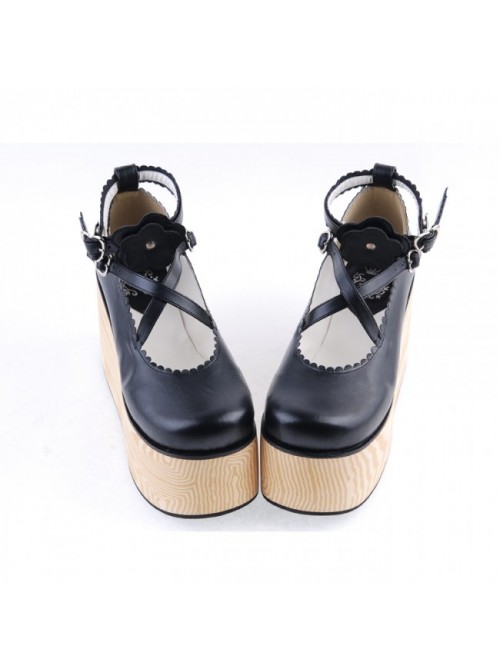 Black 3.9" High Heel Lovely Patent Leather Cross Straps Flower Decoration Platform Girls Lolita Shoes