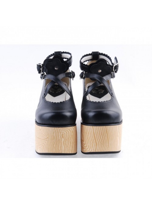 Black 3.9" High Heel Lovely Patent Leather Cross Straps Flower Decoration Platform Girls Lolita Shoes