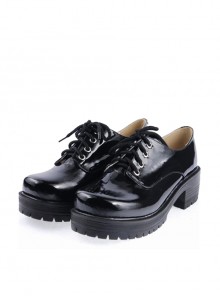 Black 2.2" High Heel Cute Patent Leather Round Toe Military Style Platform Girls Lolita Shoes