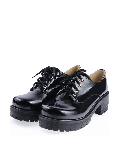 Black 2.2" High Heel Cute Patent Leather Round Toe Military Style Platform Girls Lolita Shoes