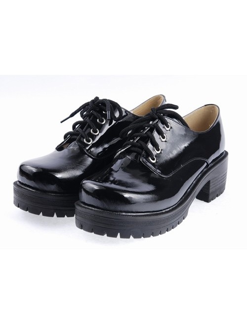 Black 2.2" High Heel Cute Patent Leather Round Toe Military Style Platform Girls Lolita Shoes