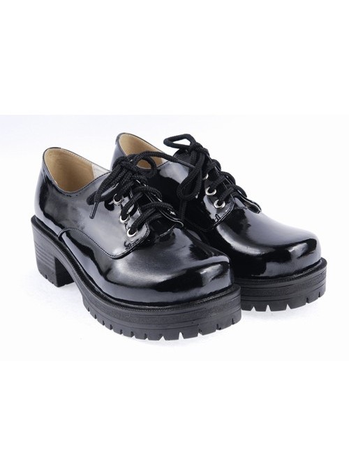 Black 2.2" High Heel Cute Patent Leather Round Toe Military Style Platform Girls Lolita Shoes