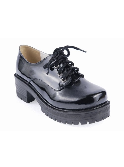 Black 2.2" High Heel Cute Patent Leather Round Toe Military Style Platform Girls Lolita Shoes