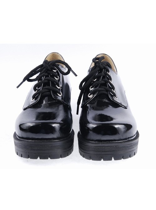 Black 2.2" High Heel Cute Patent Leather Round Toe Military Style Platform Girls Lolita Shoes