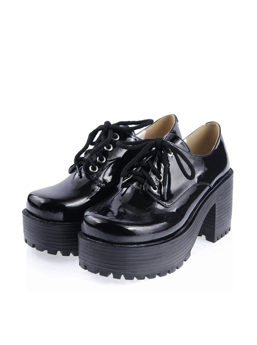 Black 3.1" High Heel Classic Polyurethane Round Toe Army Style Platform Girls Lolita Shoes