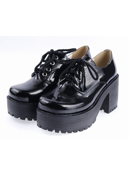 Black 3.1" High Heel Classic Polyurethane Round Toe Army Style Platform Girls Lolita Shoes