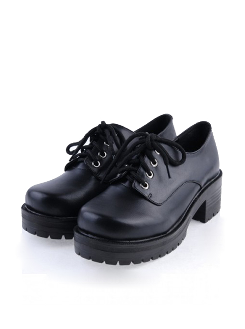 Black 2" High Heel Beautiful Synthetic Leather Round Toe Military Style Platform Girls Lolita Shoes