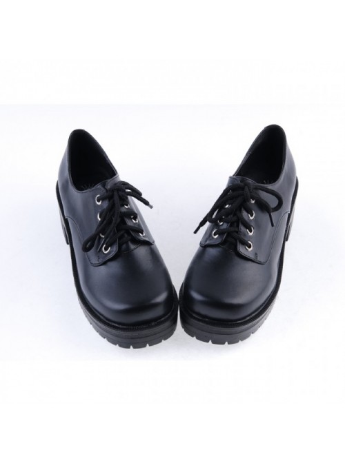 Black 2" High Heel Beautiful Synthetic Leather Round Toe Military Style Platform Girls Lolita Shoes