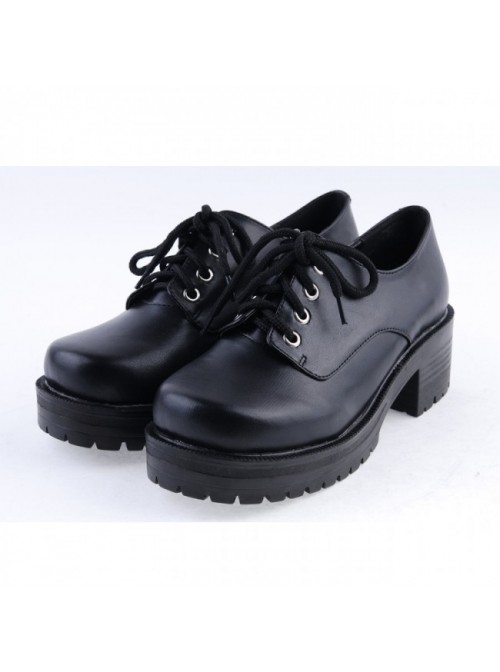 Black 2" High Heel Beautiful Synthetic Leather Round Toe Military Style Platform Girls Lolita Shoes