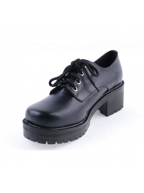 Black 2" High Heel Beautiful Synthetic Leather Round Toe Military Style Platform Girls Lolita Shoes