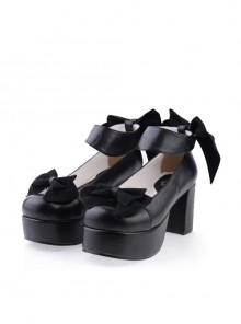 Black 3.1" High Heel Sexy PU Round Toe Ankle Straps Bow Decoration Platform Girls Lolita Shoes