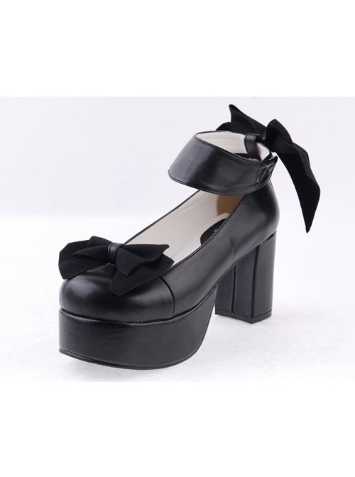 Black 3.1" High Heel Sexy PU Round Toe Ankle Straps Bow Decoration Platform Girls Lolita Shoes