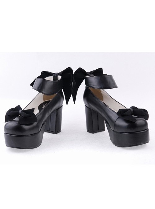 Black 3.1" High Heel Sexy PU Round Toe Ankle Straps Bow Decoration Platform Girls Lolita Shoes