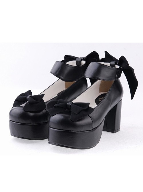 Black 3.1" High Heel Sexy PU Round Toe Ankle Straps Bow Decoration Platform Girls Lolita Shoes