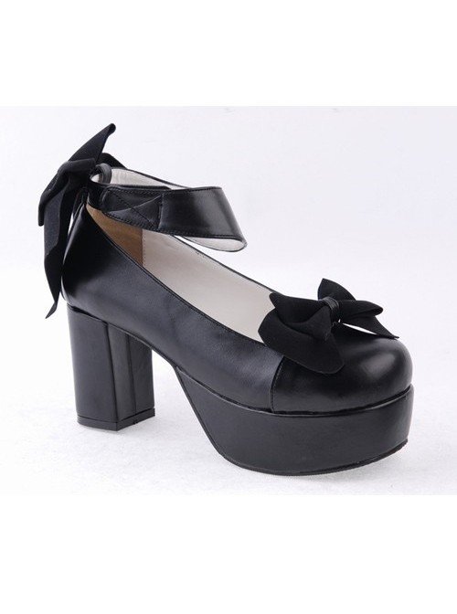 Black 3.1" High Heel Sexy PU Round Toe Ankle Straps Bow Decoration Platform Girls Lolita Shoes