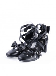 Black 2.6" High Heel Elegant Patent Leather Pointed Toe Criss Cross Straps Bow Decoration Platform Girls Lolita Shoes