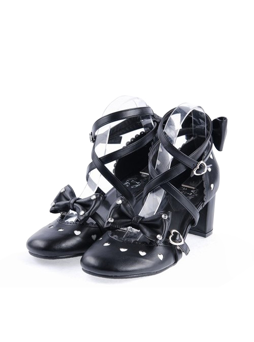 Black 2.6" High Heel Elegant Patent Leather Pointed Toe Criss Cross Straps Bow Decoration Platform Girls Lolita Shoes