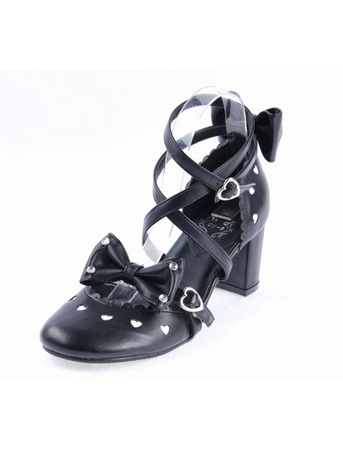 Black 2.6" High Heel Elegant Patent Leather Pointed Toe Criss Cross Straps Bow Decoration Platform Girls Lolita Shoes