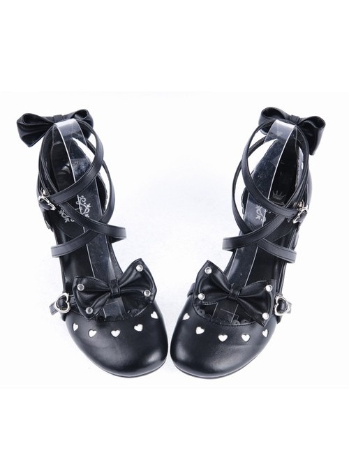 Black 2.6" High Heel Elegant Patent Leather Pointed Toe Criss Cross Straps Bow Decoration Platform Girls Lolita Shoes