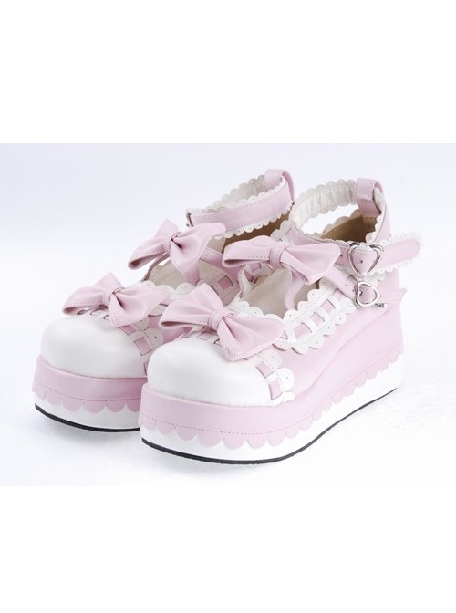 Pink 2.8" High Heel Glamorous Synthetic Leather Round Toe Ankle Straps Bow Decoration Platform Girls Lolita Shoes