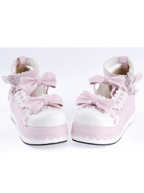 Pink 2.8" High Heel Glamorous Synthetic Leather Round Toe Ankle Straps Bow Decoration Platform Girls Lolita Shoes