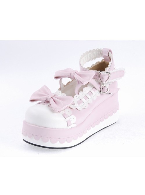 Pink 2.8" High Heel Glamorous Synthetic Leather Round Toe Ankle Straps Bow Decoration Platform Girls Lolita Shoes