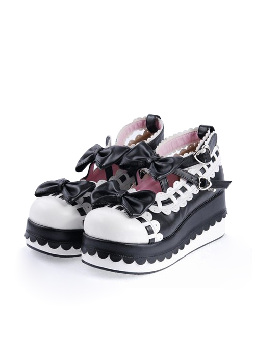 Black & White 2.8" High Heel Romantic PU Round Toe Ankle Straps Bow Decoration Platform Girls Lolita Shoes