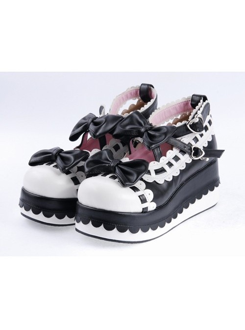 Black & White 2.8" High Heel Romantic PU Round Toe Ankle Straps Bow Decoration Platform Girls Lolita Shoes