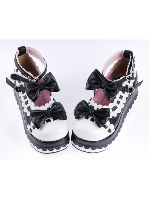 Black & White 2.8" High Heel Romantic PU Round Toe Ankle Straps Bow Decoration Platform Girls Lolita Shoes