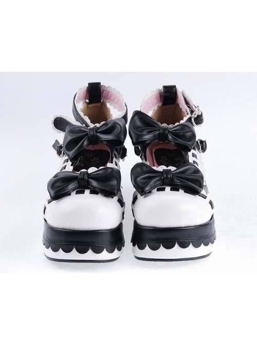 Black & White 2.8" High Heel Romantic PU Round Toe Ankle Straps Bow Decoration Platform Girls Lolita Shoes