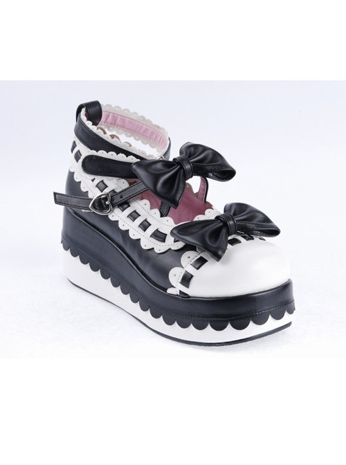 Black & White 2.8" High Heel Romantic PU Round Toe Ankle Straps Bow Decoration Platform Girls Lolita Shoes