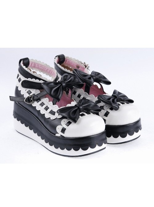 Black & White 2.8" High Heel Romantic PU Round Toe Ankle Straps Bow Decoration Platform Girls Lolita Shoes