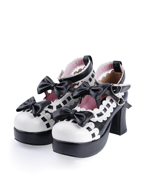 Black & White 2.8" High Heel Lovely Patent Leather Round Toe Ankle Straps Bow Decoration Platform Girls Lolita Shoes