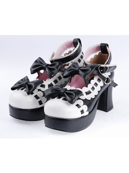 Black & White 2.8" High Heel Lovely Patent Leather Round Toe Ankle Straps Bow Decoration Platform Girls Lolita Shoes