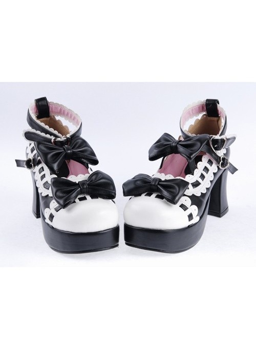 Black & White 2.8" High Heel Lovely Patent Leather Round Toe Ankle Straps Bow Decoration Platform Girls Lolita Shoes