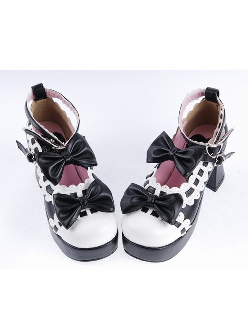 Black & White 2.8" High Heel Lovely Patent Leather Round Toe Ankle Straps Bow Decoration Platform Girls Lolita Shoes