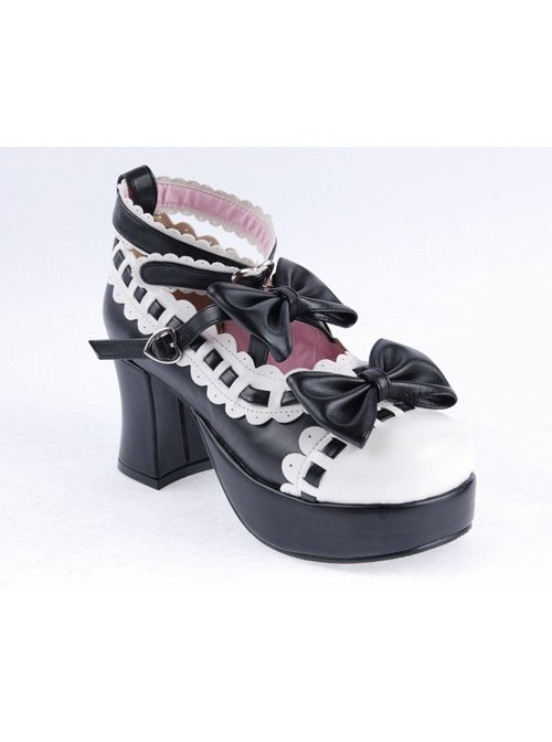 Black & White 2.8" High Heel Lovely Patent Leather Round Toe Ankle Straps Bow Decoration Platform Girls Lolita Shoes