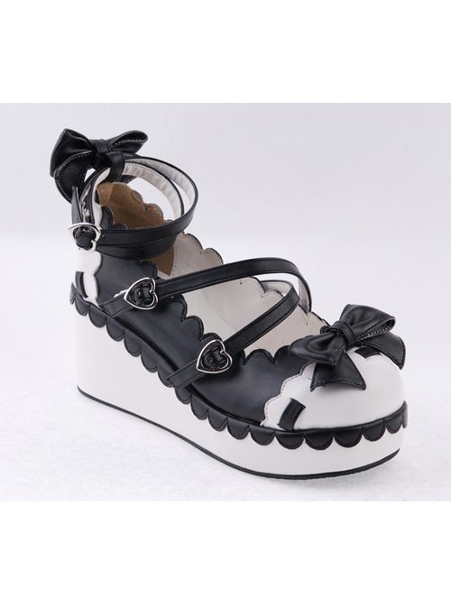 Black & White2.8" High Heel Adorable Polyurethane Round Toe Criss Cross Straps Platform Girls Lolita Shoes