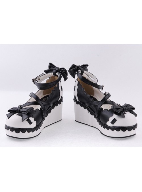 Black & White2.8" High Heel Adorable Polyurethane Round Toe Criss Cross Straps Platform Girls Lolita Shoes