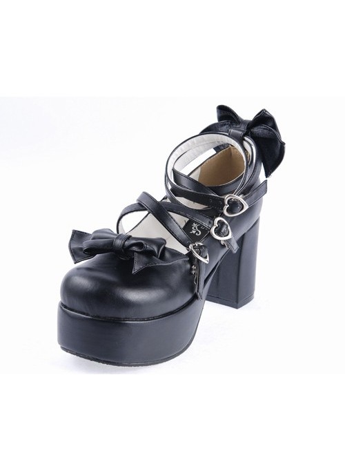 Black 3.1" High Heel Lovely Synthetic Leather Criss Cross Straps Bow Decoration Platform Girls Lolita Shoes