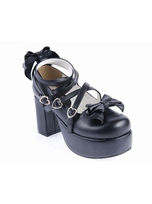 Black 3.1" High Heel Lovely Synthetic Leather Criss Cross Straps Bow Decoration Platform Girls Lolita Shoes