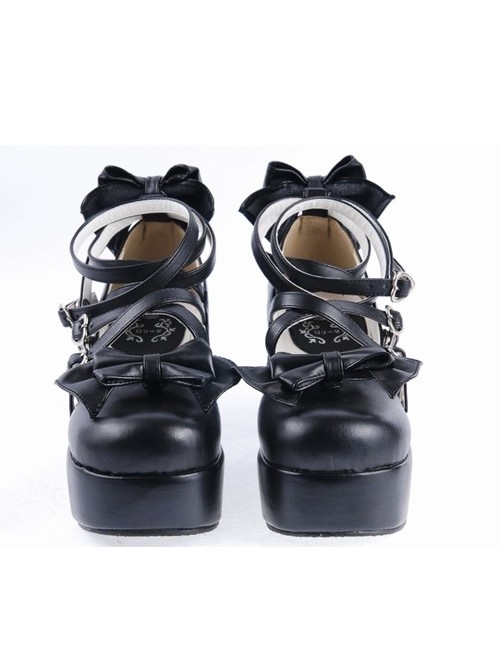 Black 3.1" High Heel Lovely Synthetic Leather Criss Cross Straps Bow Decoration Platform Girls Lolita Shoes