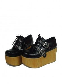 Black 3.7" Heel High Lovely Patent Leather Round Toe Cross Straps Platform Girls Lolita Shoes