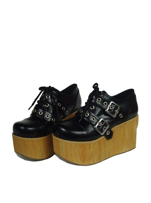 Black 3.7" Heel High Lovely Patent Leather Round Toe Cross Straps Platform Girls Lolita Shoes