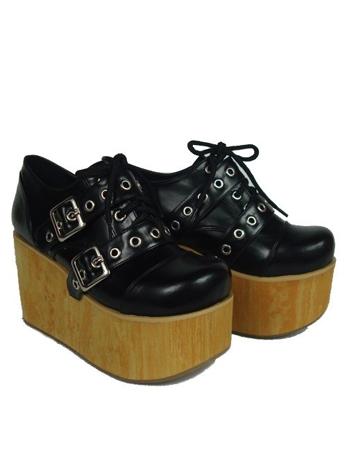 Black 3.7" Heel High Lovely Patent Leather Round Toe Cross Straps Platform Girls Lolita Shoes