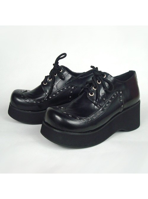 Black 2.4" Heel High Adorable Patent Leather Round Toe Lace Tie Platform Lady Lolita Shoes