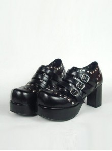 Black 3.1" Heel High Classic Synthetic Leather Round Toe Cross Straps Platform Lady Lolita Shoes