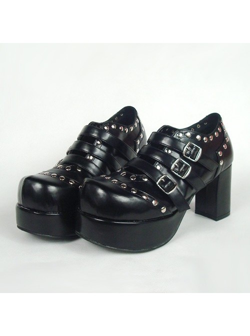 Black 3.1" Heel High Classic Synthetic Leather Round Toe Cross Straps Platform Lady Lolita Shoes